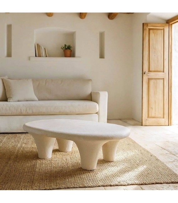 Mesa de centro blanca estilo ibicenco con acabado efecto yeso. Mdmhogar