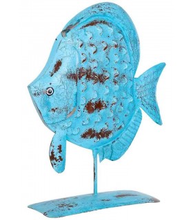 Portavelas pez azul de metal pintado a mano con estilo étnico.