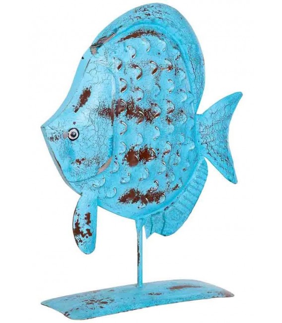 Portavelas pez azul de metal pintado a mano con estilo étnico.