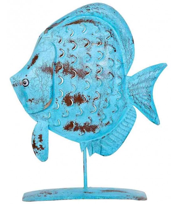 Portavelas pez azul de metal pintado a mano con estilo étnico. 1
