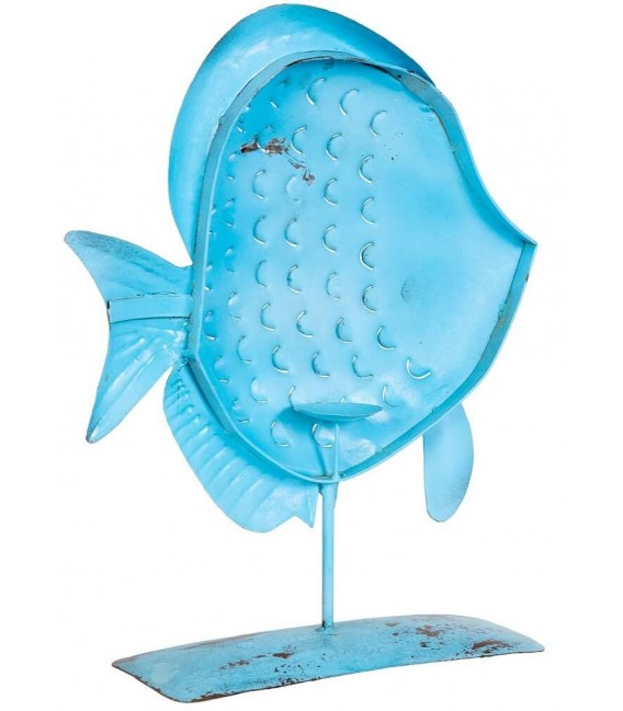 Portavelas pez azul de metal pintado a mano con estilo étnico. 2