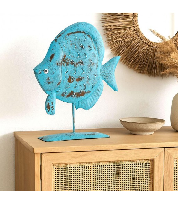 Portavelas pez azul de metal pintado a mano con estilo étnico. Mdmhogar