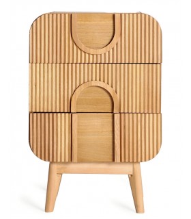 Mesita alta art boho con 3 cajones de madera labrada natural.