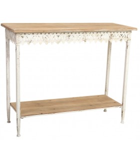 Consola de madera natural y metal blanco rozado envejecido artesanal.
