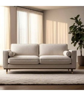 Sofá 3 plazas XL blanco roto con patas de madera y detalle dorado. Mdmhogar