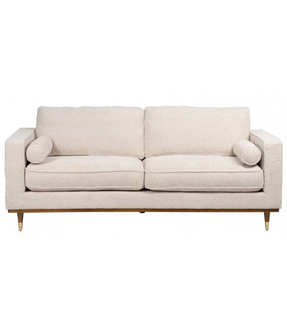 Sofá 3 plazas XL blanco roto con patas de madera y detalle dorado. 1