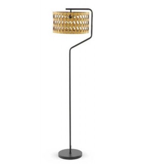 Lámpara de pie metal negro y pantalla calada en madera clara.