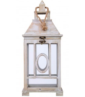 Farol clásico alto de madera blanca con cristal y cuerda natural. 1