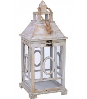 Farol clásico alto de madera blanca con cristal y cuerda natural. Mdmhogar