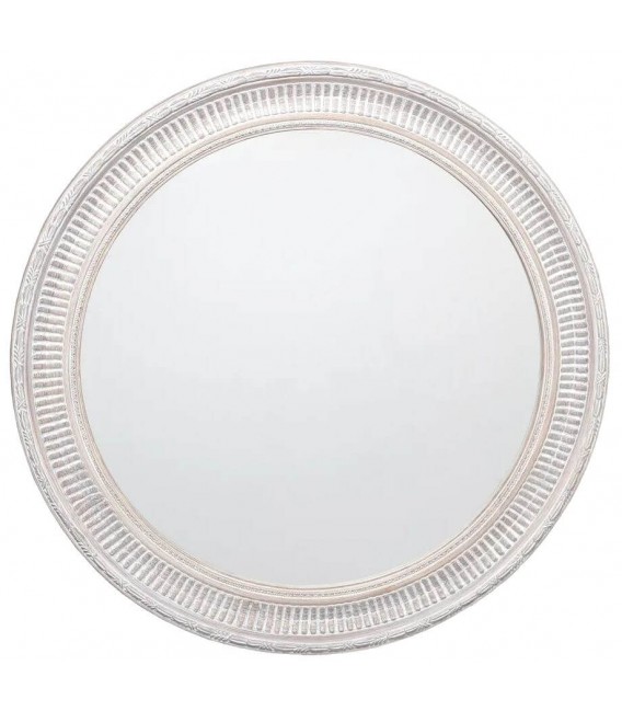 Espejo redondo madera tallada blanqueada estilo clásico refinado.