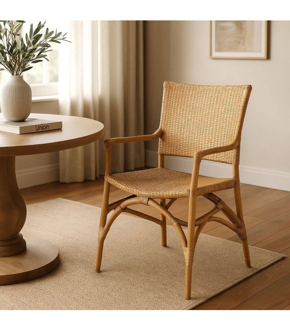 Sillón comedor ratán natural trenzado a mano con estructura de bambú. Mdmhogar