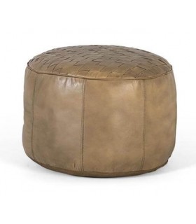 Puf redondo de piel bovino marrón claro top trenzado artesanal.