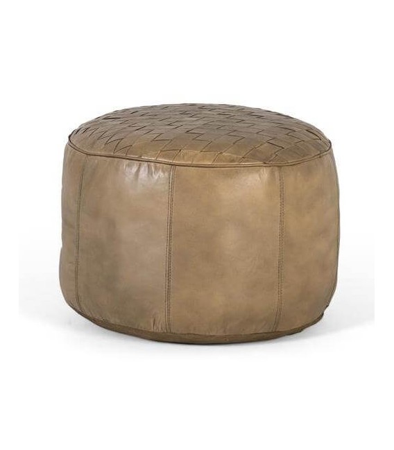 Puf redondo de piel bovino marrón claro top trenzado artesanal.