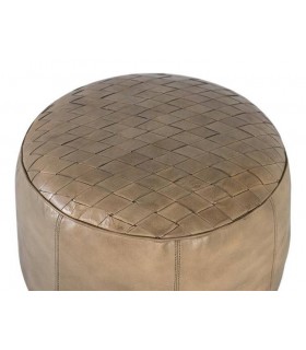 Puf redondo de piel bovino marrón claro top trenzado artesanal. 1