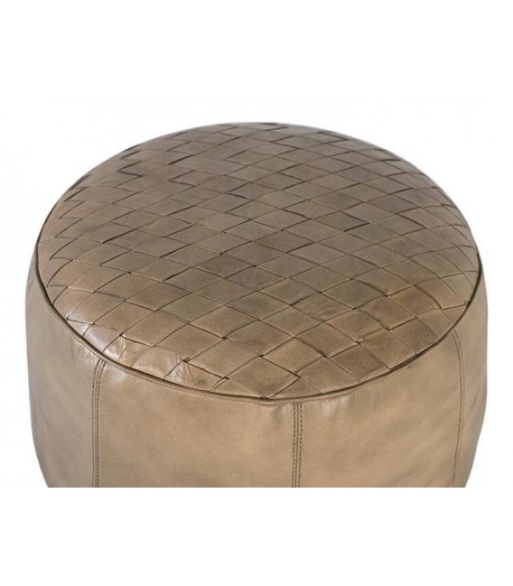 Puf redondo de piel bovino marrón claro top trenzado artesanal. 1