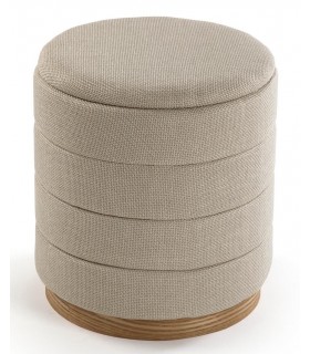 Puf redondo con almacenaje, tela chenilla y base de madera natural. 1