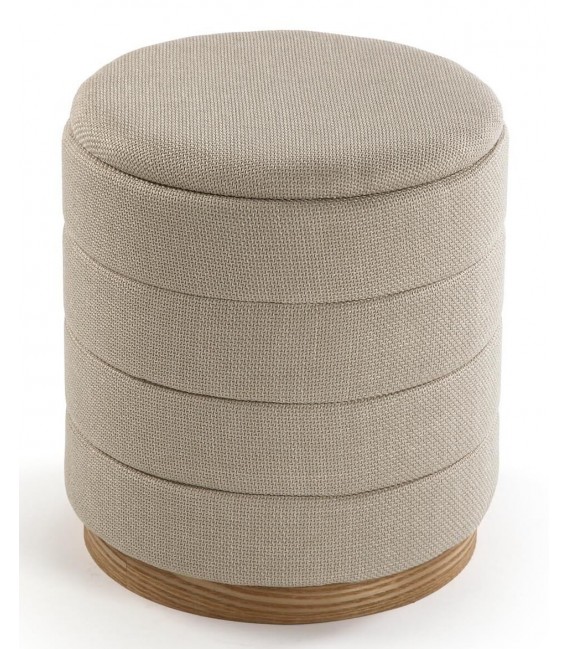 Puf redondo con almacenaje, tela chenilla y base de madera natural. 1