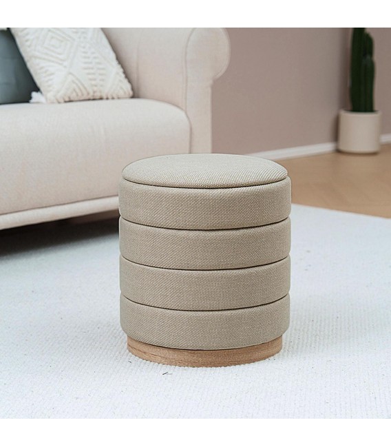 Puf redondo con almacenaje, tela chenilla y base de madera natural.