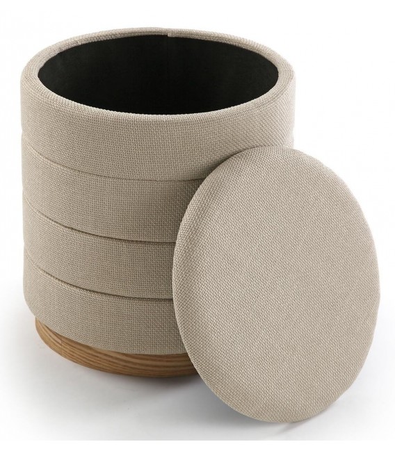 Puf redondo con almacenaje, tela chenilla y base de madera natural. 2