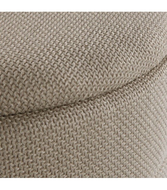 Puf redondo con almacenaje, tela chenilla y base de madera natural. 3
