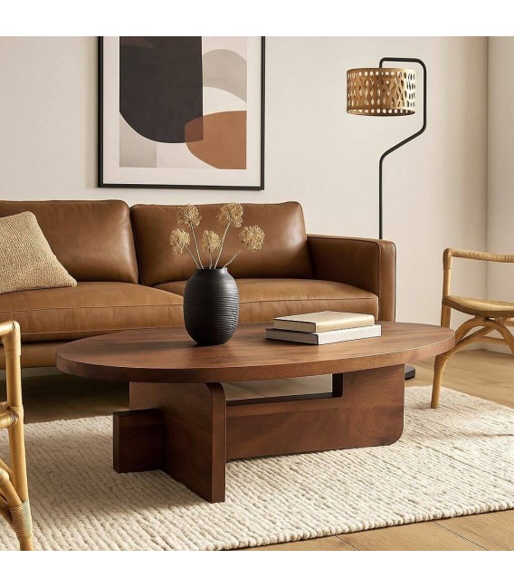 Mesa centro madera de mango maciza con acabado nogal contemporáneo. Mdmhogar