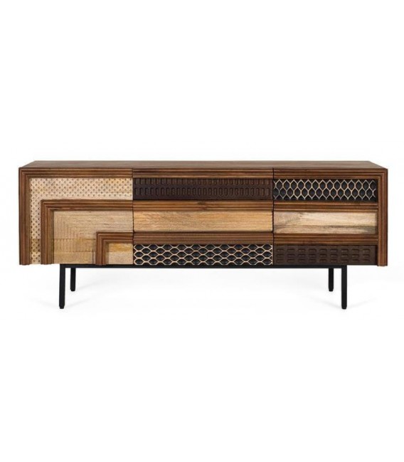 Mueble TV madera tallada mango multicolor con base metálica negra. 1