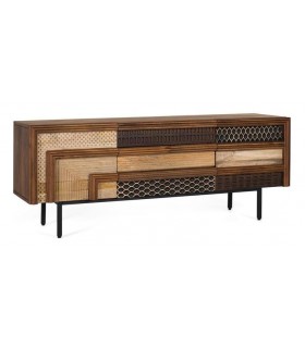 Mueble TV madera tallada mango multicolor con base metálica negra.