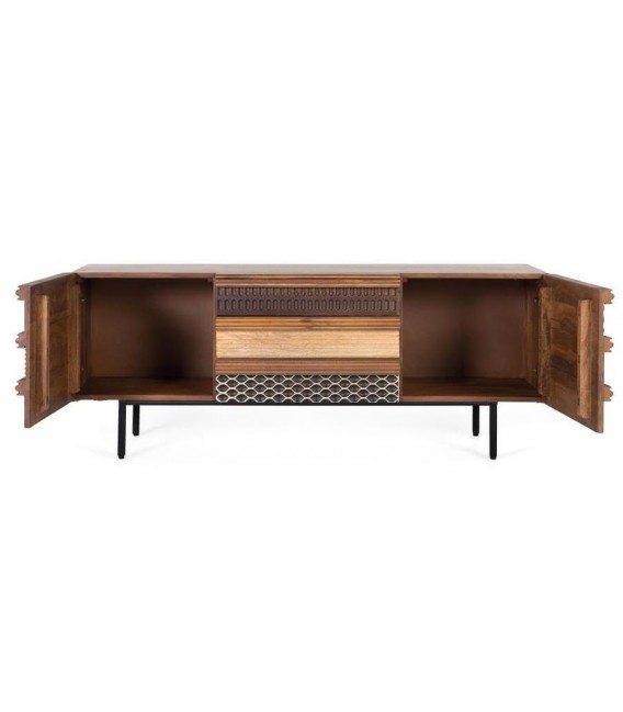 Mueble TV madera tallada mango multicolor con base metálica negra. 2