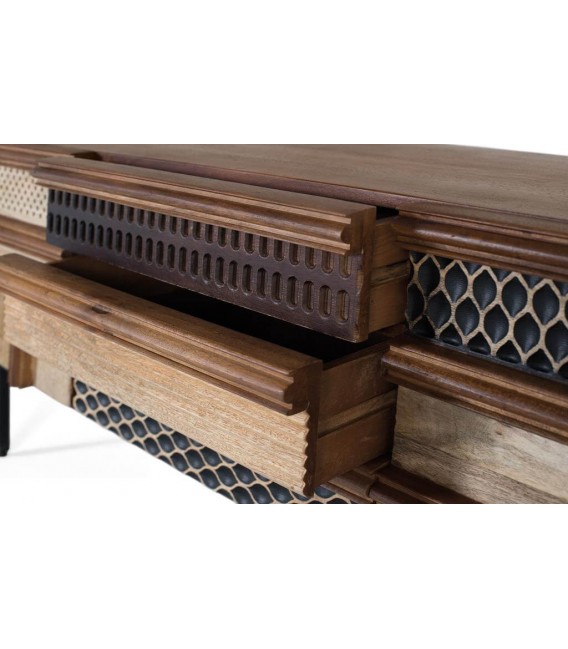 Mueble TV madera tallada mango multicolor con base metálica negra. 4