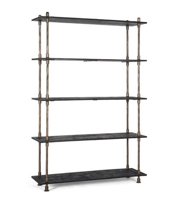 Estantería industrial vintage con 5 baldas de madera negra y metal.