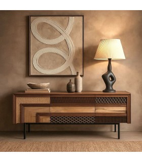 Mueble TV madera tallada mango multicolor con base metálica negra. Mdmhogar