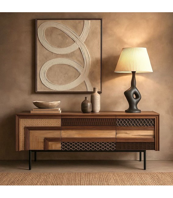 Mueble TV madera tallada mango multicolor con base metálica negra. Mdmhogar