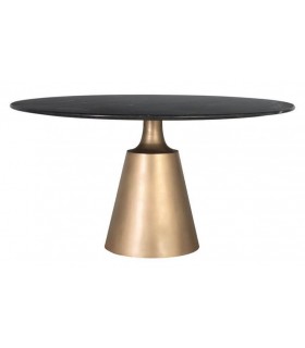 Mesa comedor redonda XL mármol negro pulido y base dorada metálica.