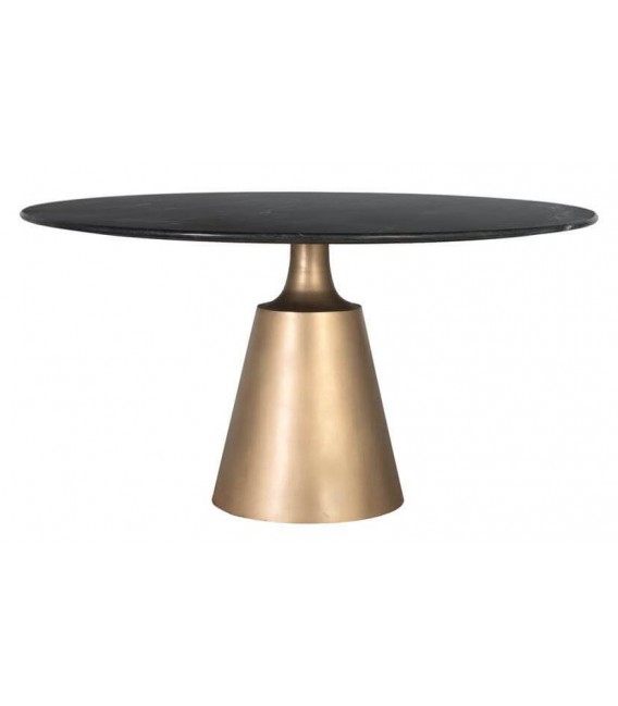 Mesa comedor redonda XL mármol negro pulido y base dorada metálica.