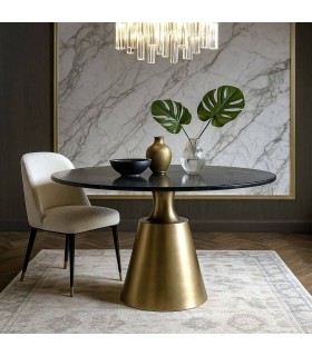 Mesa comedor redonda XL mármol negro pulido y base dorada metálica. Mdmhogar