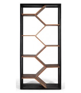 Estantería de diseño con estantes en celda, madera negra y natural. 1
