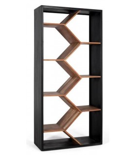 Estantería de diseño con estantes en celda, madera negra y natural.