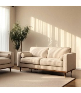 Sofá 2 plazas XL blanco roto patas madera nogal y dorado tipo barco.  Mdmhogar