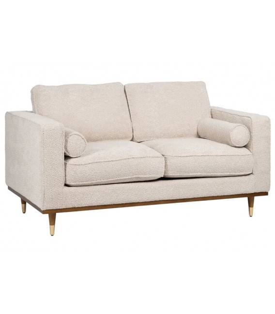 Sofá 2 plazas XL blanco roto patas madera nogal y dorado tipo barco.