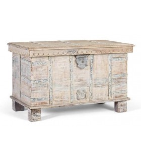 Baúl madera mango macizo y metal con acabado étnico blanqueado.