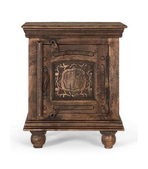 Mesita noche madera tallada nogal envejecido estilo vintage clásico. 1