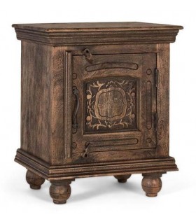 Mesita noche madera tallada nogal envejecido estilo vintage clásico.