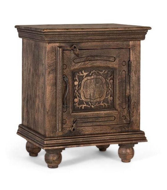 Mesita noche madera tallada nogal envejecido estilo vintage clásico.