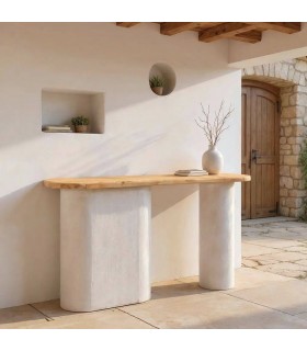 Consola XL blanca y natural estilo ibicenco en madera efecto yeso. Mdmhogar