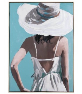 Cuadro vertical mujer estilo ibicenco pintado a mano en azul.