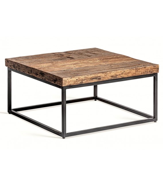 Mesa centro cuadrada madera reciclada metal negro estilo industrial.