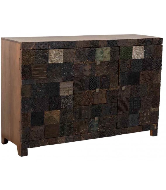 Aparador 2 puertas 3 cajones de madera tallada oscura étnico.