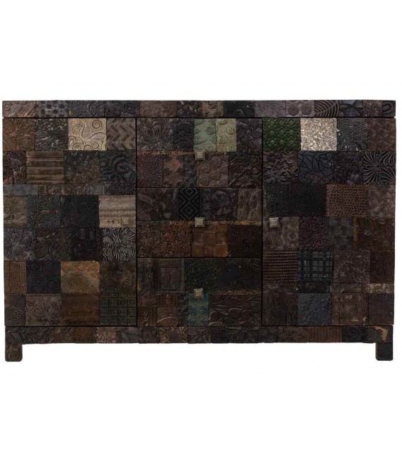 Aparador 2 puertas 3 cajones de madera tallada oscura étnico.