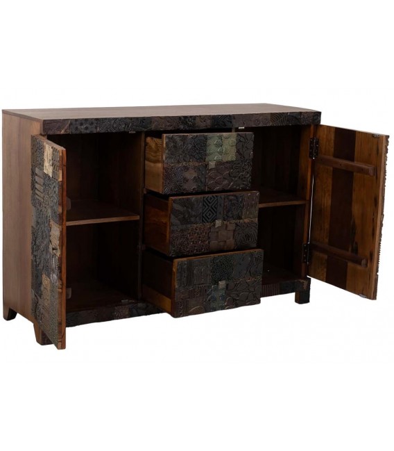 Aparador 2 puertas 3 cajones de madera tallada oscura étnico. 3