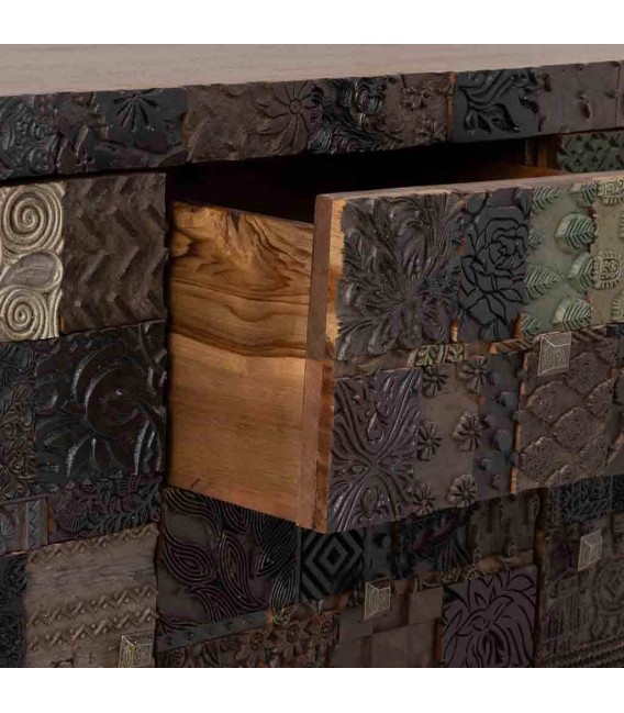 Aparador 2 puertas 3 cajones de madera tallada oscura étnico. 5